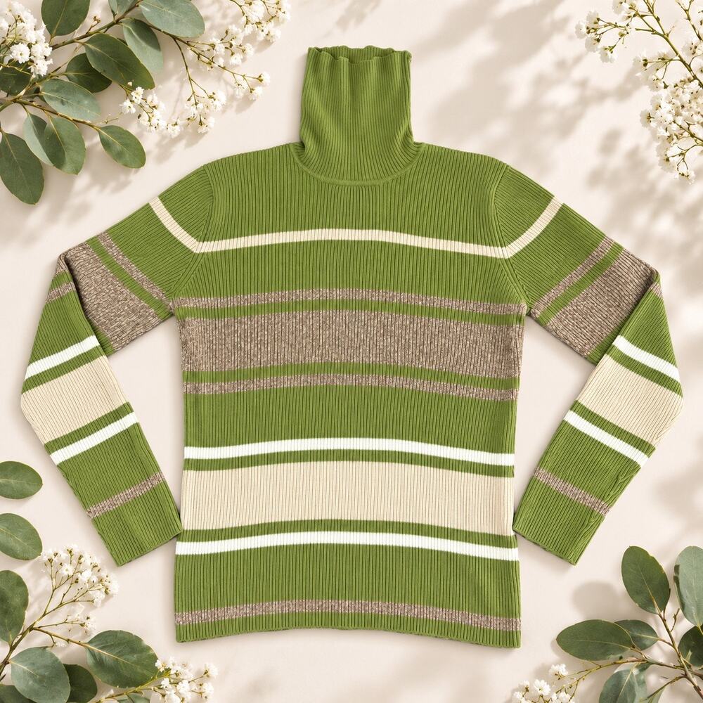 Liz & Co. Women's L 100% Cotton Green Striped Turtleneck Grandpa Core Retro 90s